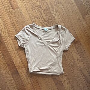 Beige V-Neck Ribbed Women's Top